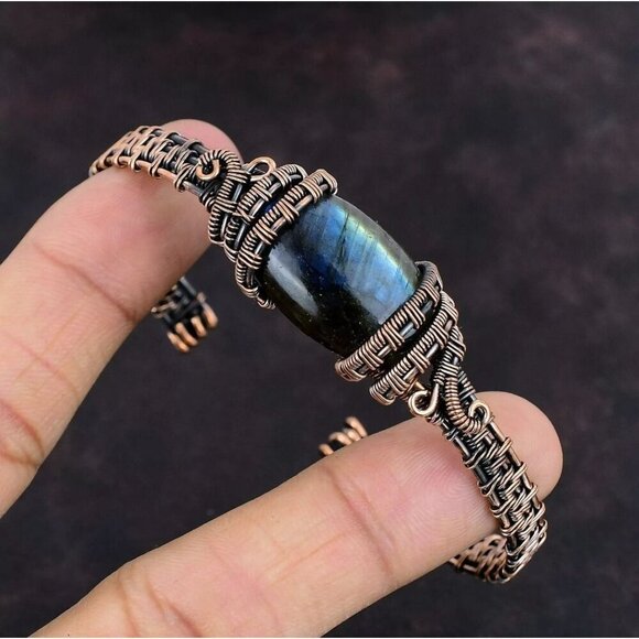 Handcrafted ✦ Copper Labradorite Bangle ✦ Wire‑Wrapped Adjustable Bracelet NWT - Picture 4 of 12